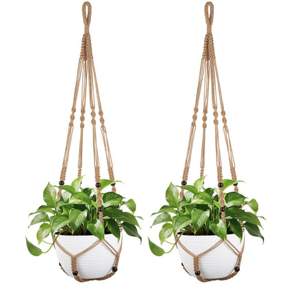 Mkono 43 Inch Macrame Plant Hanger Large for up to 12 Inch Pot Extra Long Hanging Plant Holder No Tassels Hanging Planter Basket with Wood Beads for Indoor Outdoor Home Decor, Brown, Set of 2
