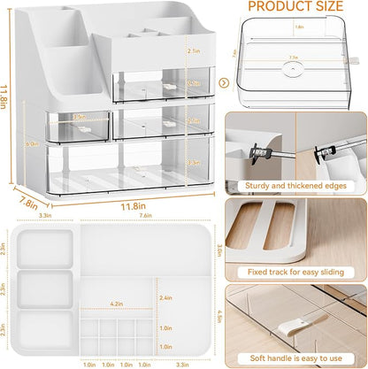 Yieach White Makeup Organizer Countertop With 4 Drawers,Large Cosmetics Storage Organizer for Brush,Hair Products,Plastic Makeup Holders and Beauty Skincare Organizers for Bathroom,Vanity,Dresser Top