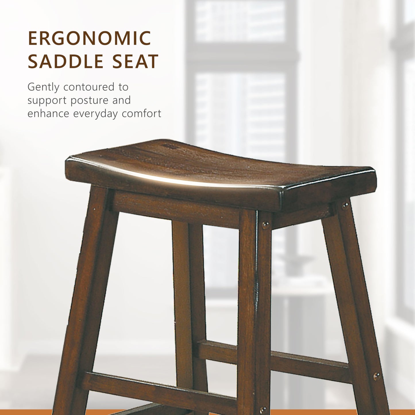 Lexicon Saddleback Solid Wood Kitchen Height Stool Set of 2 - Saddle Kitchen Stool Dining Height Stools for Dining, Armless Chair Seating Options, Perfect Casual Entertaining Spaces Cherry