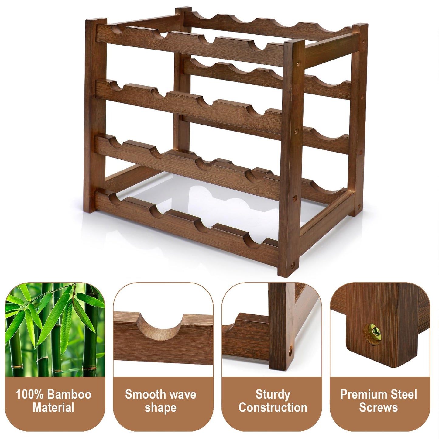 Thalomely Bamboo Wine Rack, 4-Tier 16 Bottles Wine Storage Cabinet Shelf, Easy-Assembly Freestanding Bamboo Wine Racks Countertop for Kitchen Pantry Dining Room Bar, Walnut