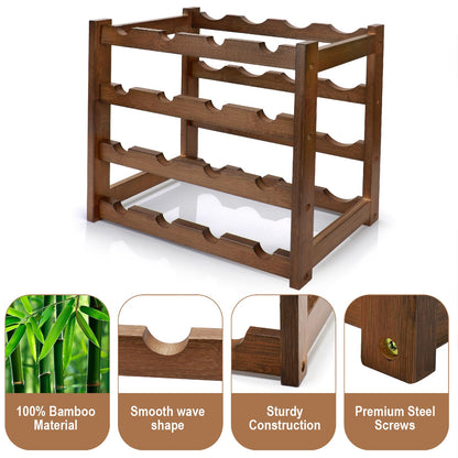 Thalomely Bamboo Wine Rack, 4-Tier 16 Bottles Wine Storage Cabinet Shelf, Easy-Assembly Freestanding Bamboo Wine Racks Countertop for Kitchen Pantry Dining Room Bar, Walnut