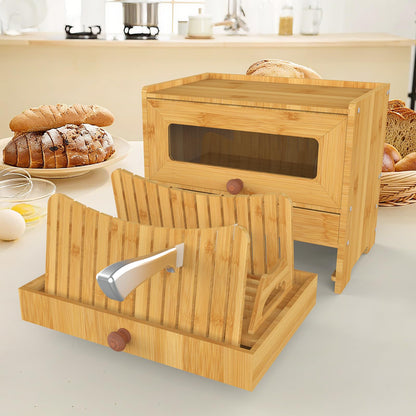 Aromfentu Bamboo Bread Box for Kitchen Countertop & Dining Room,Wooden Storage with Display Compartment & Built-in Bread Slicer,Eco-Friendly Organizer for Homemakers, Bakers & Bread Lovers ﻿