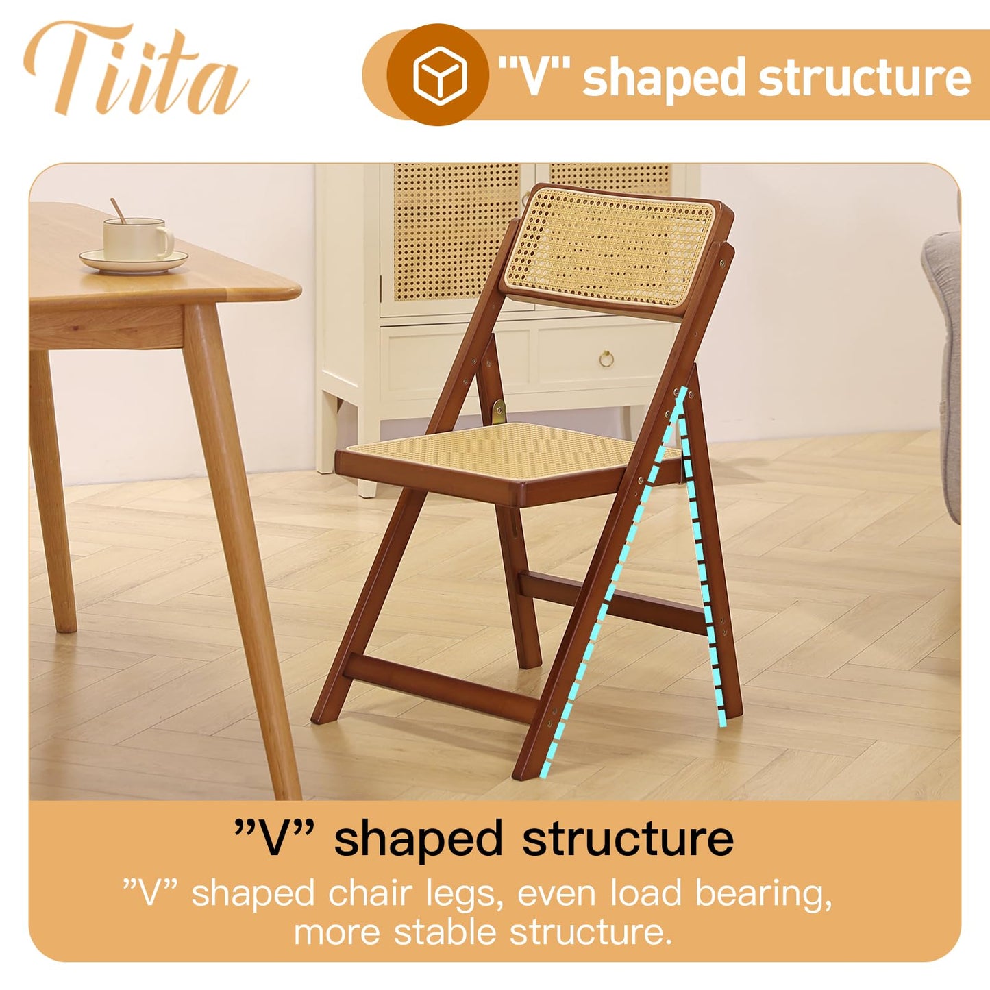 Tiita Rattan Dining Chairs Set of 1, Mid Century Modern Folding Chair, Bamboo Folding Dining Chairs for Small Space, Dining Room, Living Room, Bedroom, Walnut