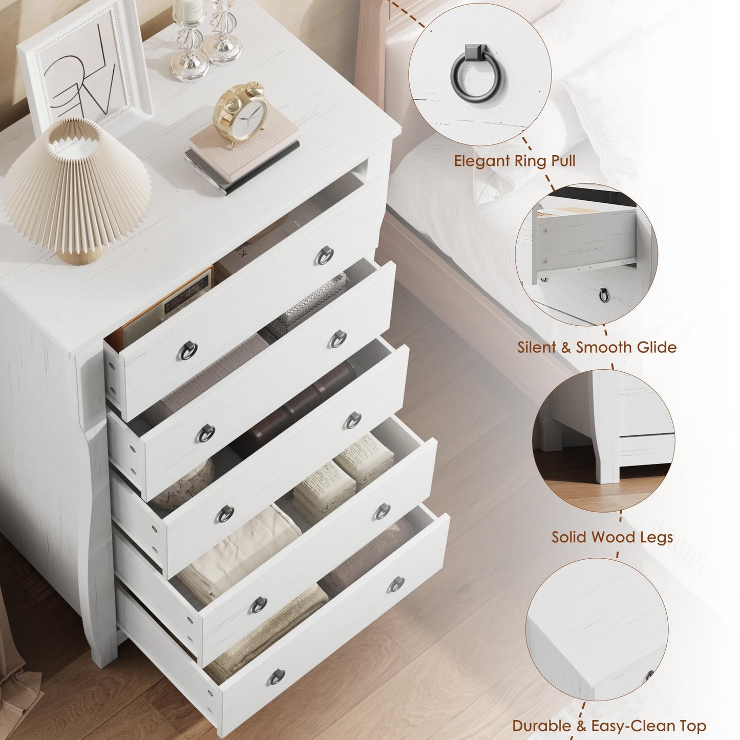Garvee Nightstand for Bedroom, 5 Drawers & Wooden Top, Modern Bedside Table with Large Storage Space, Organizer Cabinet with Metal Ring Handles for Closet, Hallway, Entryway, White