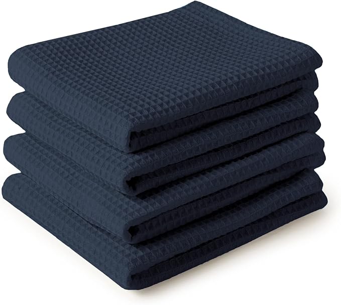 Encasa XO Kitchen Dish Towels Set | Navy Blue | Waffle Weave and Flat Hand Tea