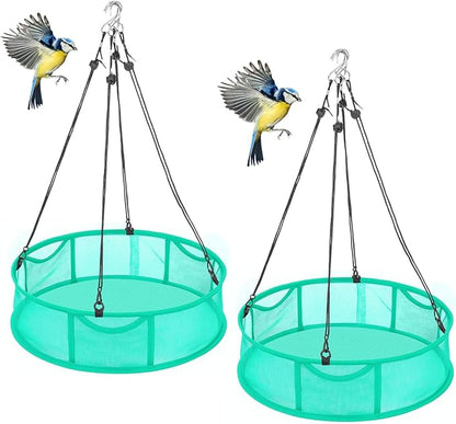 2 Pcs Bird Seed Catcher Trays, 16 Inch Green Spill Guard Platform for Hanging Feeders, Windproof Mesh Seed Hoop with Hooks, Outdoor Feeder Accessory
