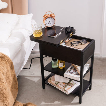 Yoobure End Table with Charging Station, Flip Top Side Table with USB Ports and Outlets, Sofa Couch Table Bedside Table for Living Room Bedroom, Narrow Nightstand with Storage Shelves for Small Space
