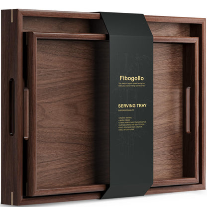 Fibogollo Set of 2 Walnut Wooden Serving Tray with Handles,Decorative Trays Platter,Breakfast Tray in Bed,Large Coffee Table Tray, Food Drinks Trays for Eating,Working,Storing