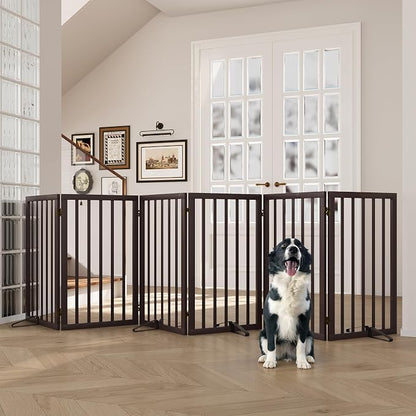Semiocthome Freestanding Dog Gate Indoor 32" Tall, 6-Panel Wooden Dog Gates for Doorways Stairs, Foldable Pet Gate Safety Fences Indoor (110" W,Espresso)