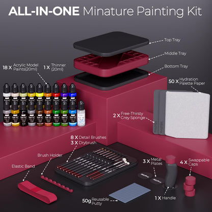 Nicpro All-In-One Miniature Painting Kit, Including 18 Colors Model Paint, Wet Palette, 11PCS Detail Paint Brushes Drybrush, Magnetic Painting Handle, 2PCS Sponges, 50PCS Pallet Paper and Brush Holder
