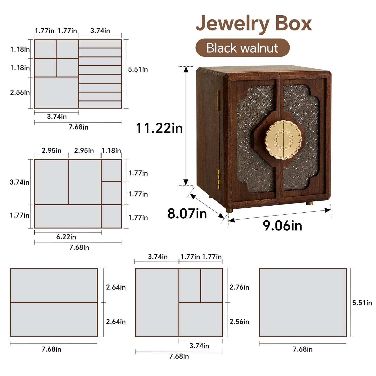 THFLSTR Black Walnut Wood Wooden Jewelry Box for Women, Large Velvet Lined Jewelry Organizer with 5 Drawers & Brass Feet, Earring Jewelry Box Organizer, Traditional Chinese Pattern Handles