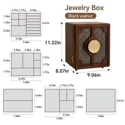 THFLSTR Black Walnut Wood Wooden Jewelry Box for Women, Large Velvet Lined Jewelry Organizer with 5 Drawers & Brass Feet, Earring Jewelry Box Organizer, Traditional Chinese Pattern Handles