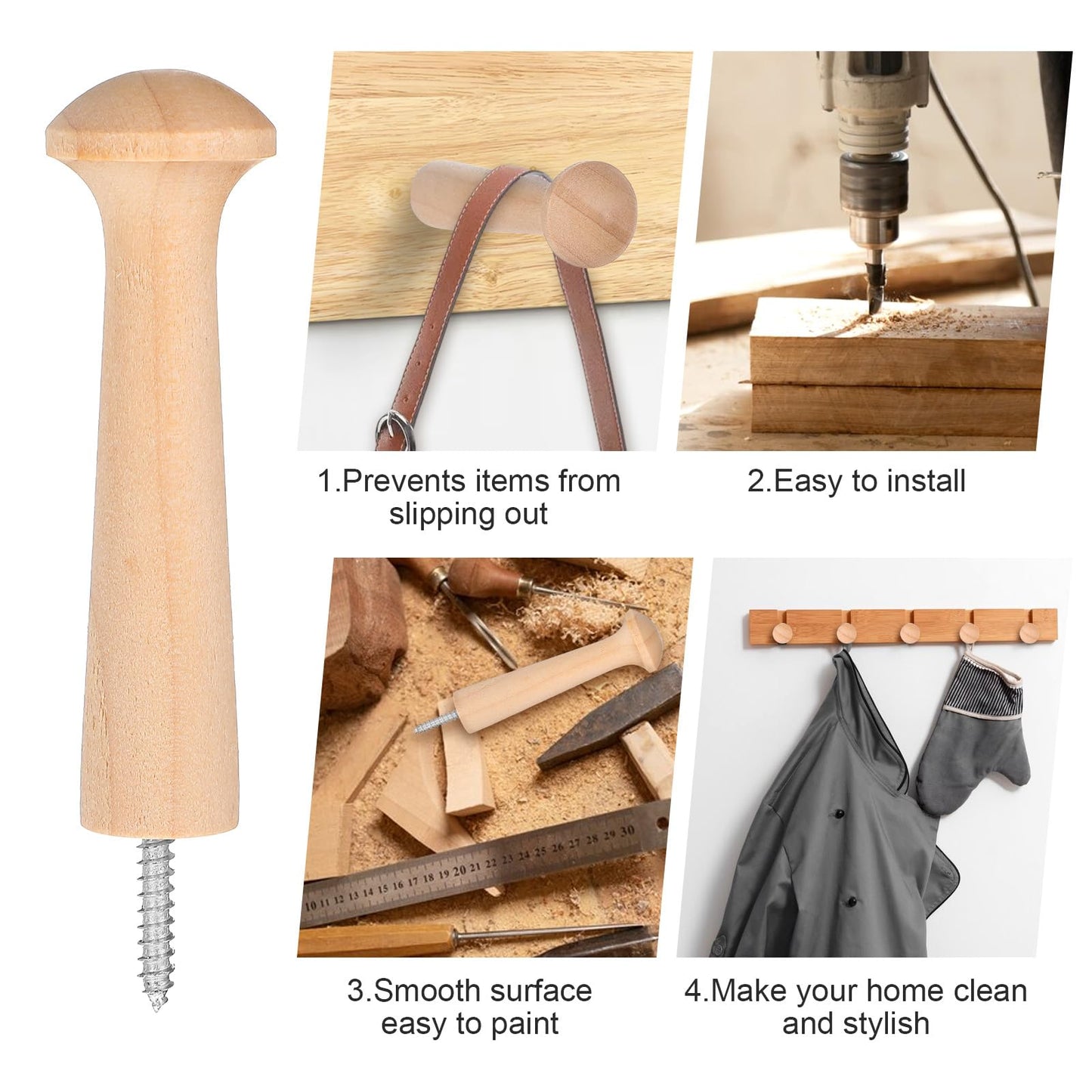 50 Pcs Wooden Shaker Peg Screw-on Pegs 2.87 Inch Long Unfinished Wood Shaker Racks for Hanging Clothes Hats Towel and More DIY Paint Color (Wood Color)