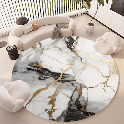 Unique Aesthetic Modern Abstract Black Grey Gold Marble Round Area Rug for Living Room Bedroom Guestroom Art Deco Luxury Circle Office Meetingroom Carpet Kitchen Nursery Playroom Floor Rug 6ft