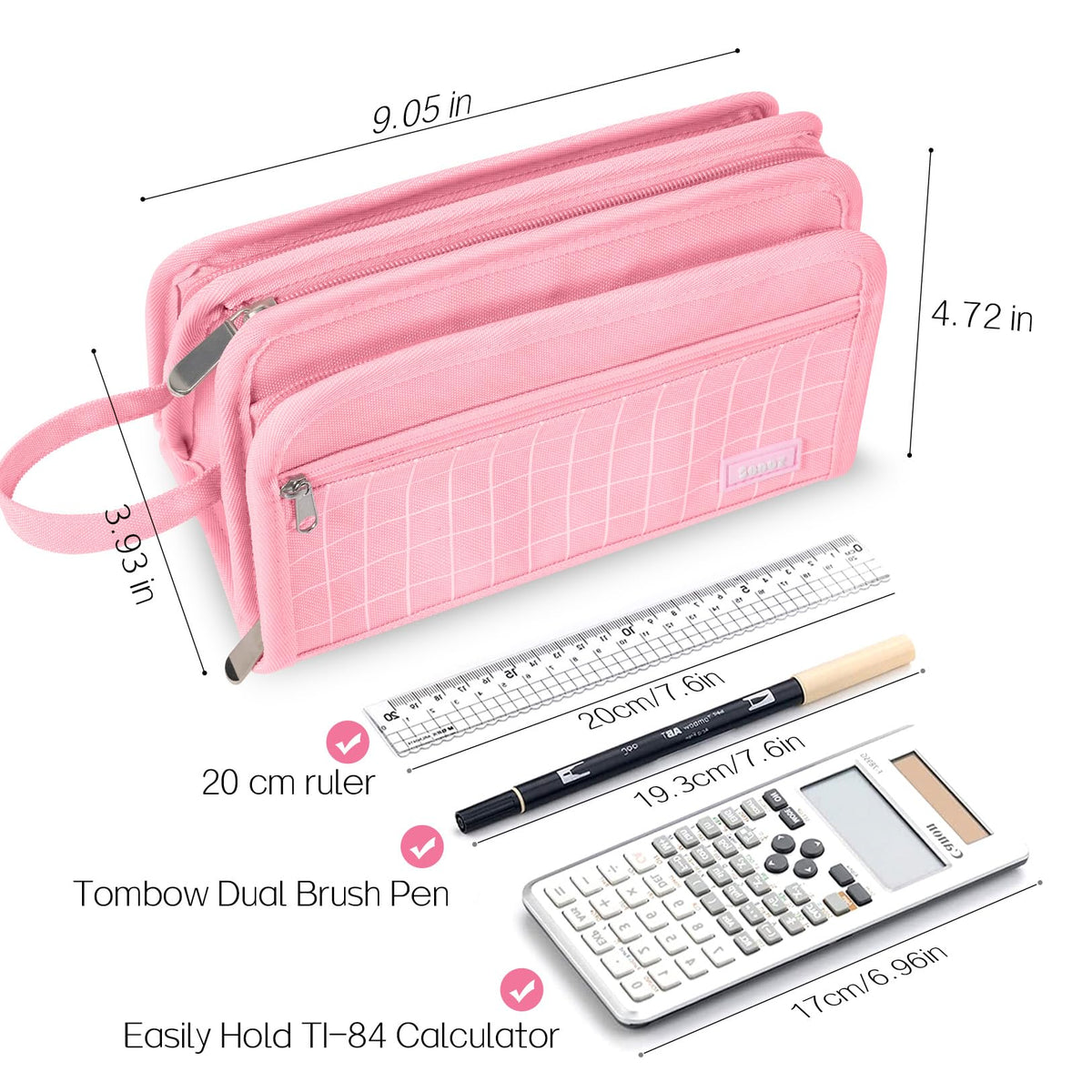 Sooez Large Pencil Case, Big Capacity Pencil Pouch Pen Bag with 3 Compartment, Portable Canvas Stationery Organizer with Zipper, Cute Aesthetic School Supplies for Teen Girls Boy, Pure Black