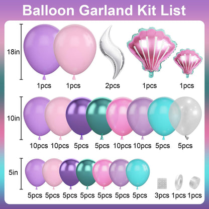 Mermaid Balloon Arch Garland Kit, Mermaid Tail Balloon Garland with Pastel Pink Purple Green Teal Metallic Latex Balloons for Girls Birthday Baby Shower, Under the Sea Shell Theme Party Decor Supplies