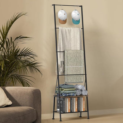 Blanket Ladder Towel Rack with Storage Shelf and Hooks, Decorative Scarf Rack, Throw Blanket Holder Ladder Shelves for Bathroom Living Room, Rustic Brown