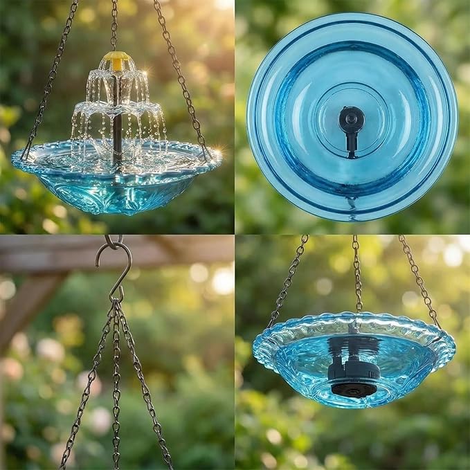 2026 Solar Cascade Hanging Bird Bath Fountain - 3 Layers Outdoor Water Feature for Hummingbirds, Easy-Clean 9.3" Glass Basin with Solar Powered Pump, Attract Wild Birds to Garden, Patio (Blue)