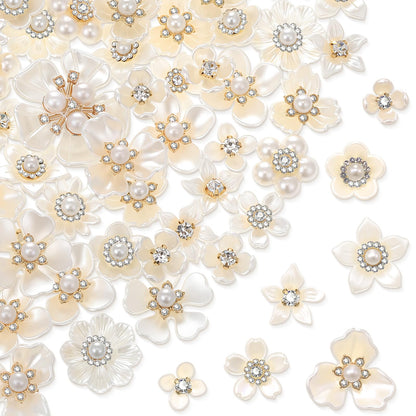 Janinka 140 Pcs Rhinestone Buttons Faux Pearl Buttons Flat Back Flower Embellishments for Jewelry Making DIY Craft Wedding Hair Bouquet Home Decoration Party Accessory (Floral,White)