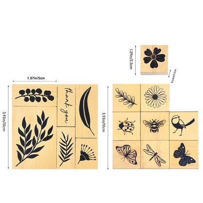 Wissppoott 15 Pcs Vintage Wood Rubber Stamp Set - Antique Butterfly, Leaves, Branch, Plant, Ladybug& Bird Stamps for DIY Scrapbooking, Craft Cards, Gift Wrapping & Journal Art