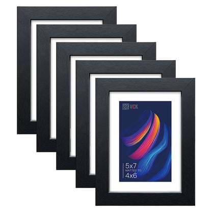 VCK 5x7 Picture Frame Black - 5 Pack, with Tempered Glass, Displays 4x6 Photo with Mat or 5 x 7 Without, for Horizontal/Vertical Tabletop & Wall Hanging in Home, Office, or Gallery
