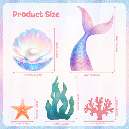 CORALMEE 5 Pcs Large Under the Sea Party Decorations Mermaid Birthday Decorations, Ocean Theme Party Supplies Mermaid Tail Shell Starfish Seaweed Coral Stand Up Cardboard Cutouts for Baby Shower