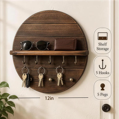 Cxomnndiw Round Wall Mount Key Holder with Shelf, Wooden Entryway Organizer, Key Rack for Keys Sunglasses Coat