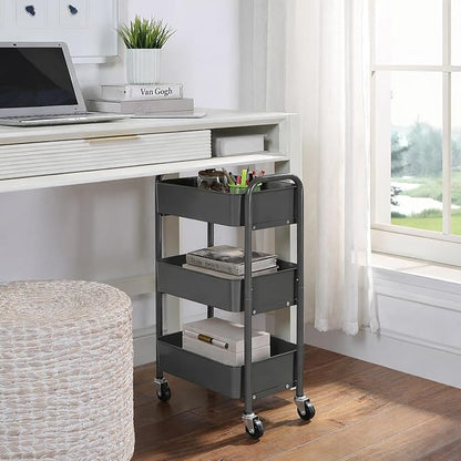 SunnyPoint 3-Tier Delicate Compact Rolling Metal Storage Organizer - Mobile Utility Cart Kitchen/Under Desk Cart with Caster Wheels (Gray, 15.35" X 10.24" X 26.8"H)
