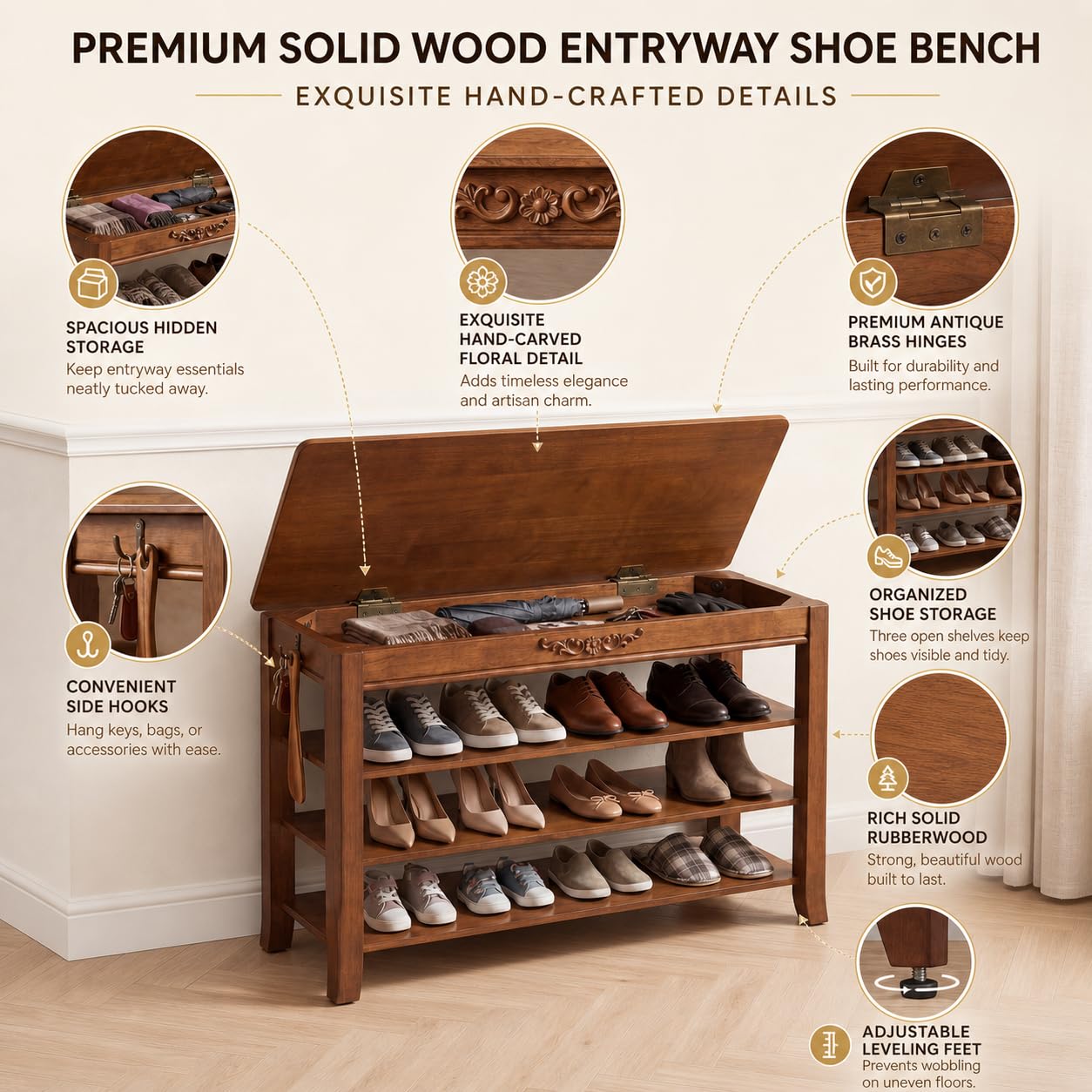 Drogenble Shoe Rack Bench with Lift-Top Storage,3-Tier Shoe Storage Bench with Wooden Seat,550lbs Heavy Duty Entryway Bench for Hallway,Foyer,Front Door,Closet,Shoe Organizer Bench,39.4"