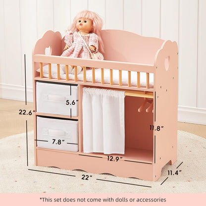 OOOK Baby Doll Crib, Wooden Baby Doll Bed and Changing Table, Dollhouse Furniture with Two Storage Box, Bedding and Coat Hangers, Nursery Playset Suitable for Dolls Under 22 Inches, Pink