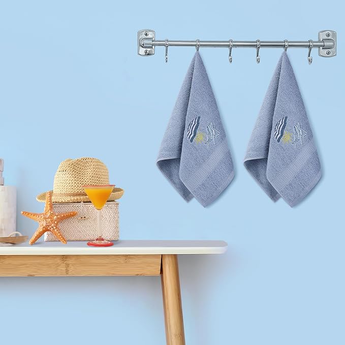 2 Pcs Beach Chair Hand Towels Slate Blue Bathroom Decor 14x29 Inch Embroidered