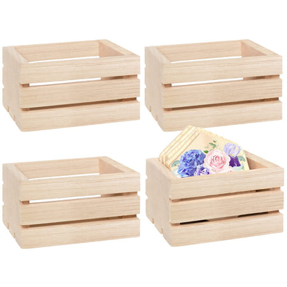 4 Pack Mini Rustic Wooden Crates, Decorative Wood Crates Unfinished Wood Box, Crate Box Wooden Storage Box for Kitchen, Office, Bedroom, Closet, Rustic Country Decor