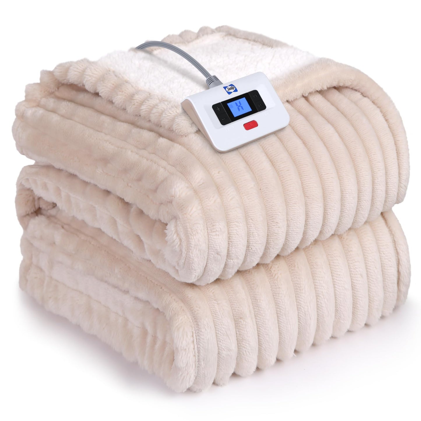 SEALY Electric Blanket Full Size, Soft Ribbed Flannel to Sherpa Reversible Heated Blanket with 10 Heat Settings & 1-12 Hours Auto-Off Overheat Protection, Machine Washable, 72"x84" Beige