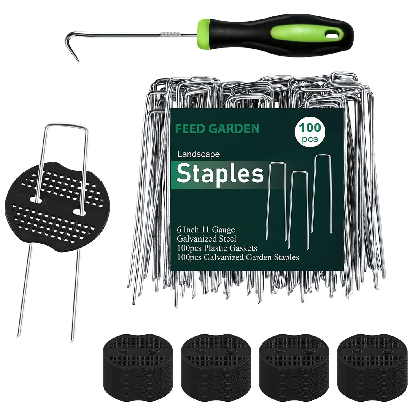 FEED GARDEN Landscape Staples 6 Inch 100 Pack Kit, Heavy Duty 11 Gauge Hot-Dip Galvanized Garden Stakes with 100 Gaskets & 1 Pick Hook for Weed Barrier, Landscape Fabric, Sod, Turf & Garden Edging