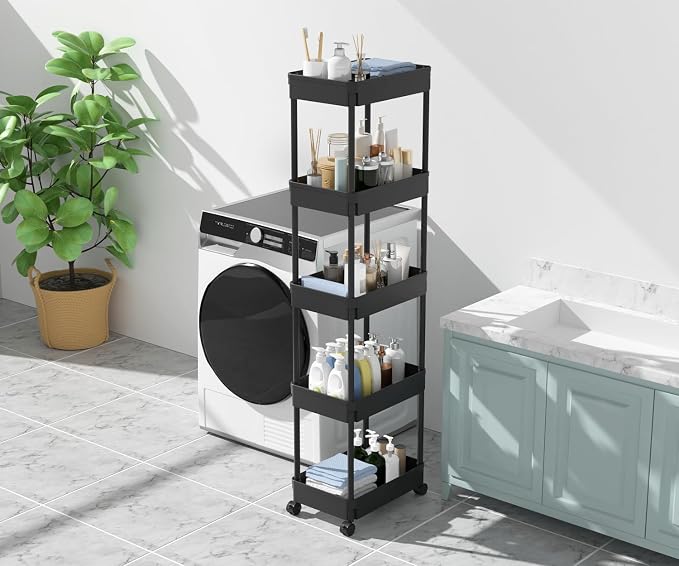 Sooyee 5-Tier Plastic Rolling Utility Cart with Wheels, Multi-Functional Storage Trolley for Office, Living Room, Kitchen, Movable Storage Organizer, Black
