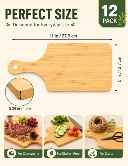 12 Pcs Thicken Bamboo Wooden Cutting Board with Handle,11x5 Inch Hanging Charcuterie Boards Unfinished Wood Cutting Board Blanks Bulk for Crafts,Laser Engraving Wedding Mother's Day Housewarming Gift