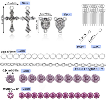 OEMOO 1410PCS Rosary Jewelry Making Kit Rosary Prayer Making Supplies Carved Rose Beads Cross Centerpiece Crucifix Medal, Silver Jesus Maria Pendant for Rosary Bracelet Necklace Jewelry (Purple)