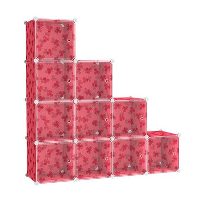 C&AHOME Cube Storage Organizer with Doors, 10-Cube Shelves, DIY Plastic Modular Bookshelf, Closet Clothes Storage Shelving Ideal for Bedroom, Living Room, Clover Embossed, Red