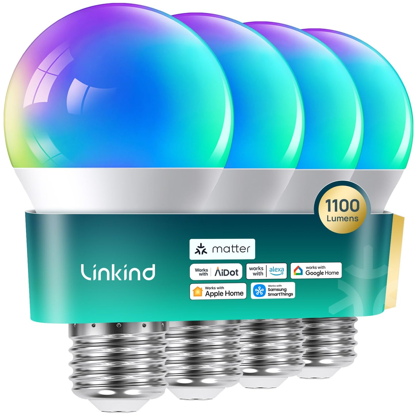 Linkind Matter Smart Light Bulb, Smart Bulbs Work with Apple Home, Siri, Alexa, Google Home, SmartThings, Color Changing Light Bulbs Music Sync RGBTW, Mood Lights, 2.4Ghz WiFi A19 E26 60W 800LM 6 Pack
