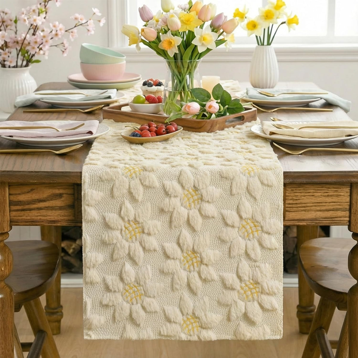 Artoid Mode Beige Soft Plush Faux Fur Jacquard Embroidery Sunflower Spring Table Runner, Kitchen Dining Table Decoration for Home Party Decor 13x48 Inch