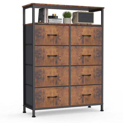 DUMOS Fabric Dresser for Bedroom with 8 Drawers, Tall 8-Drawer Chest of Drawers with Raised Shelf, Storage Tower with Fabric Bins for Closet Organization, Hallway Storage, Brown