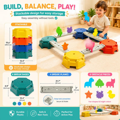 edusense 14 PCS Balance Beam Stepping Stones for Kids 3-12 Years, Non-Slip Balance Blocks Indoor Outdoor, Thickened Plastic Holds 220LBS, No Assembly Required, Promote Coordination & Sensory Play
