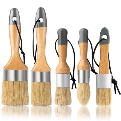 YiBaiBrush Chalk Paint Brush, Wax Paint Brush Set of 5, Wax Brushes and Chalk Paint for Furniture DIY Art Crafts, Natural Bristle Round Oval Brush for All Painting and Waxing