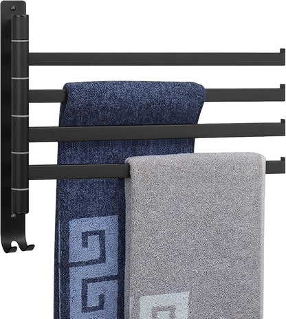 NearMoon Swivel Towel Rack, 13.8" Thicken 304 Stainless Steel 4-Arm Towel Bar, Space Saving Wall Mounted Towel Holder with Hook, Rustproof Swing Out Towel Hanger for Bathroom, Square (Matte Black)