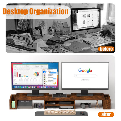 Wood Dual Monitor Stand Riser, Desk Organizers and Accessories with Storage Pen Holders, Adjustable Length and Angle 3 Shelf Extra Long 46" Desktop Organizer for 2 Monitors, Computer, Laptop, TV,Rustic Brown (Triple)