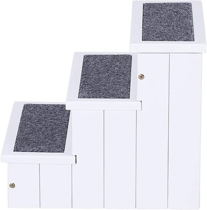 PawHut 3 Step Wooden Carpeted Non Slip Pet Stairs Ramp for Cats and Small Dogs - White