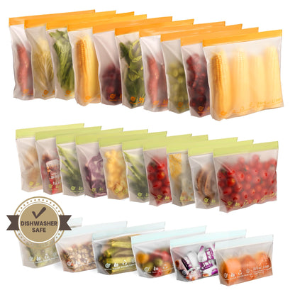 24 Pack Reusable Food Storage Bags,Leakproof Freezer Bags BPA Free Stand Up Sandwich Bags for Lunch Salad Fruit Travel,Dishwasher Safe(8 Gallon,8 Sandwich,8 Snack)