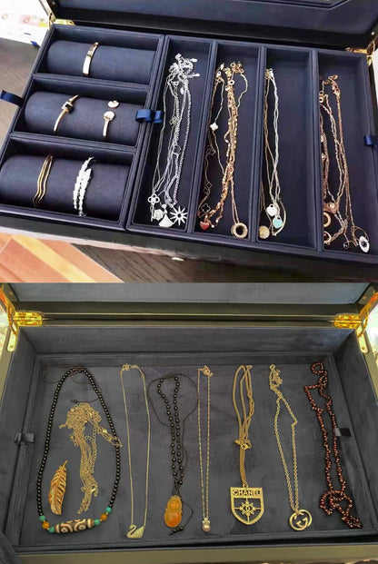 SANSREPONSE Wooden Extra Large Jewelry Box Organizer Luxurious Faux-Leather with Drawer Trays Mirror Earrings Necklace Ring Rests for Women(Black)