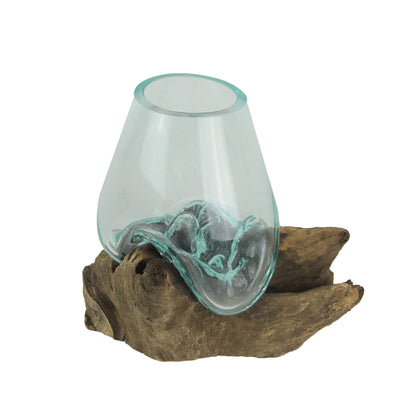 Handcrafted Melted Glass and Teak Driftwood Centerpiece Bowl/Sculpture- Unique 7-Inch Earthy Artistry for Succulents, Terrariums, and Decorative Displays