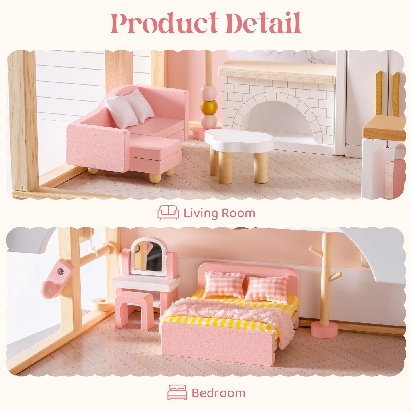 ROBOTIME Wooden Dollhouse Furniture Set, 28 PCS Miniature Dollhouse Furniture with 6 Room Kits, Dollhouse Accessories and Pretend Play Furniture, Gift for Boys and Girls Ages 3+